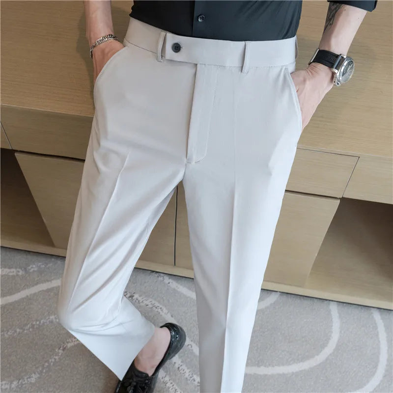 Stretch Solid Color Men's Trousers, Suitable for Business Casual, Parties, Formal Events, and Ankle-length Slim Pants.28-40