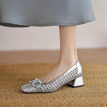 Women's genuine leather braided microfiber patchwork summer breathable pumps crystal buckle 4cm thick med heel daily dress shoes