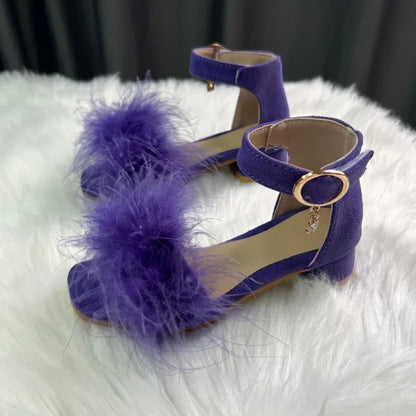 Toddler Girls Sandals Summer Low-heels Children's Sandals Open-toe Princess Fluffy New Versatile Kids Fashion Ankle-strap Shoes