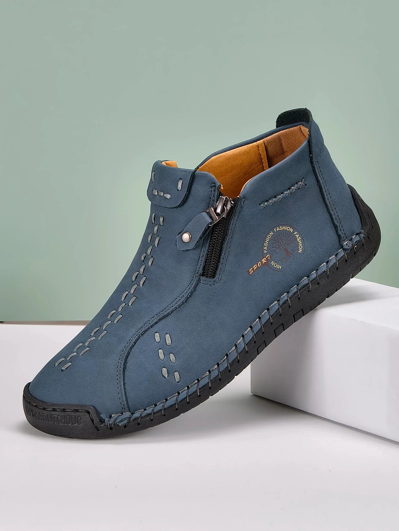 Sapatos Masculinos Clássicos de Couro Feitos à Mão, Design com Zíper, Tênis Esportivos para o Ar Livre, Sapatos Casuais Respiráveis com Elástico, Botas Masculinas de Couro no Tornozelo