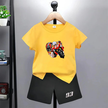 Summer red Short Sleeve T Shirt +shorts 2 Piece Motorcycle race car number 93 Children Clothes Casual Boy Girl Kid Tracksuit