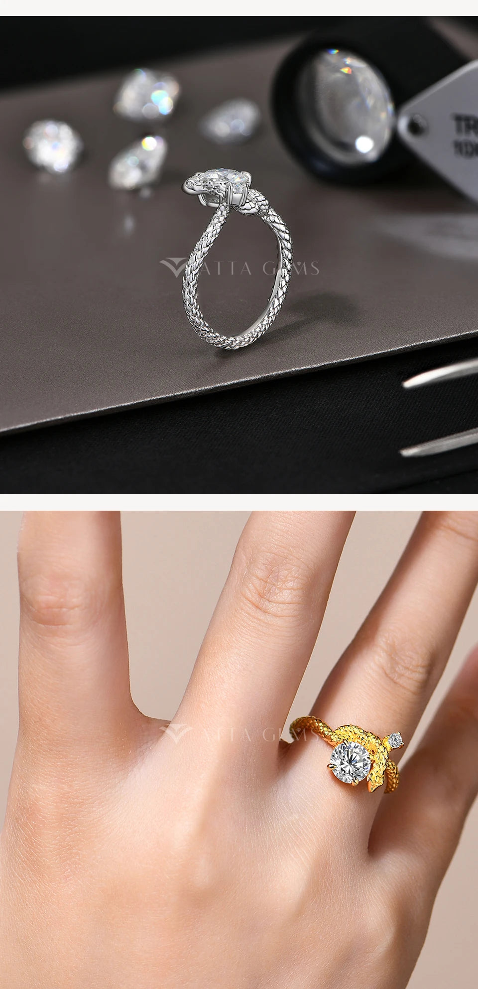 Original Snake Moissanite Rings Round Cut 1.2CT for Women Men S925 Silver 18K Gold Plated Engagement Party Jewelry Gift