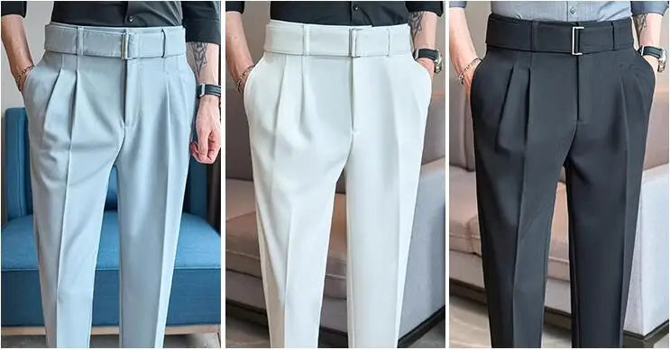 Quality Male Boutique Men Formal Wear Wedding Dress Trousers Men Belt Design British Style Business Casual Slim Suits Pants 3XL