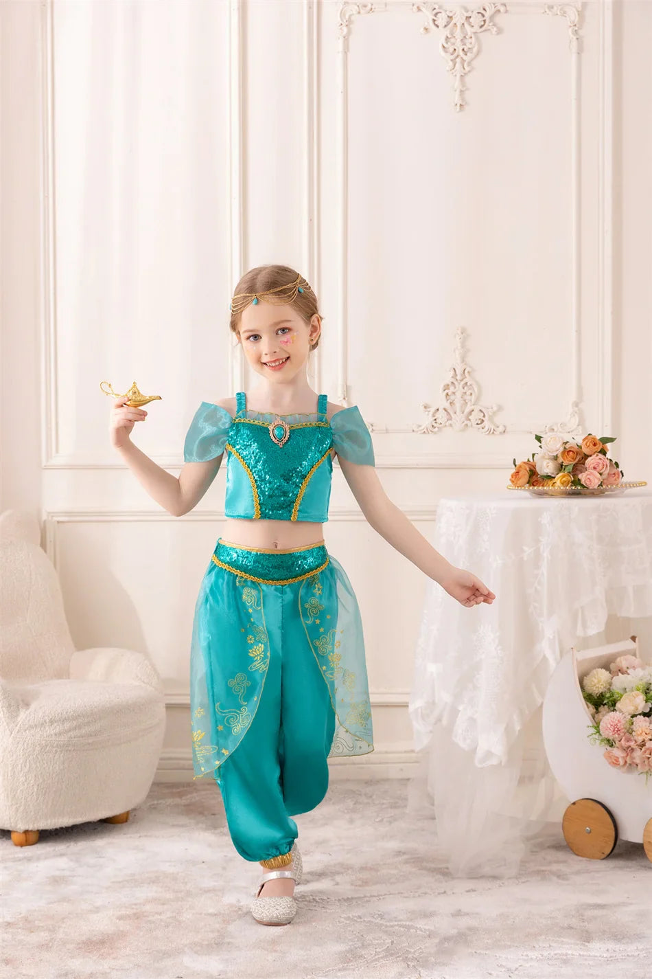 Girl Jasmine Two-piece Set Halloween role-playing Jasmine Princess Suit + Magic Lamp Props Stage Performance Costume