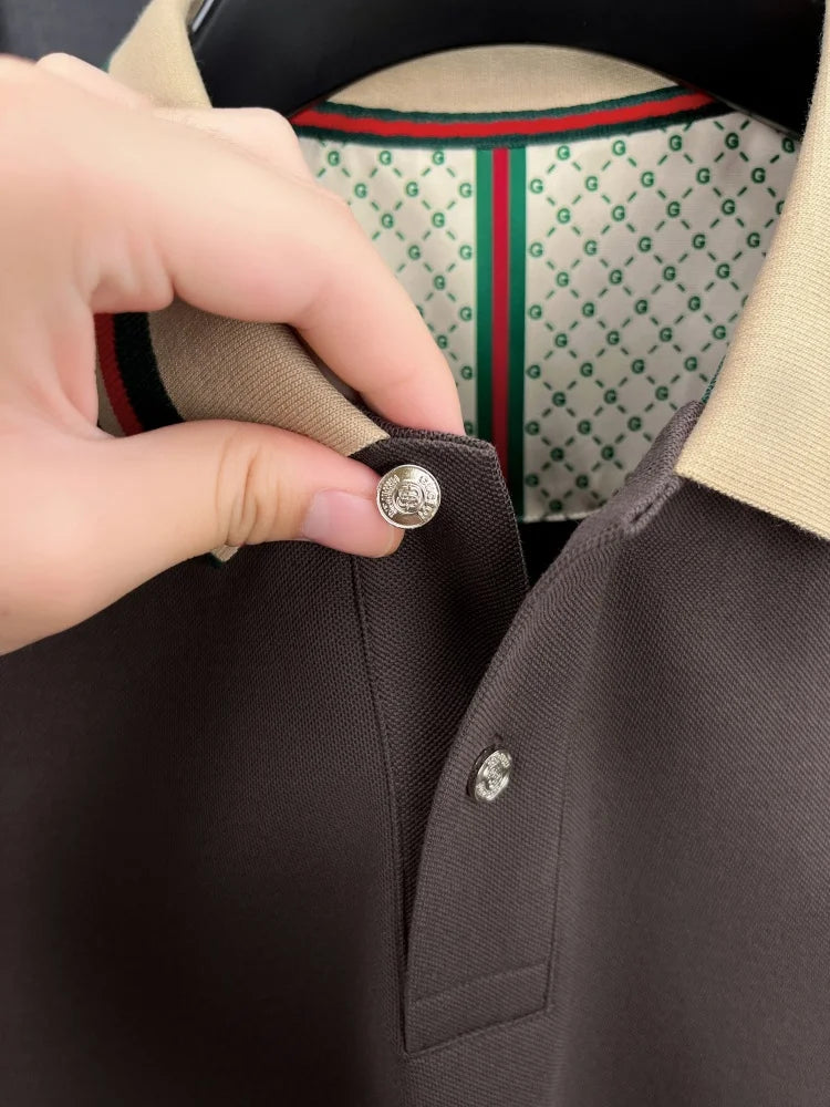 Luxury advanced  brand men long sleeve polo shirt unique stripe color blocked lapel fashion letter embroidery casual new T-shirt