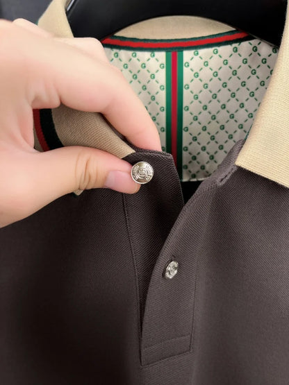 Luxury advanced  brand men long sleeve polo shirt unique stripe color blocked lapel fashion letter embroidery casual new T-shirt