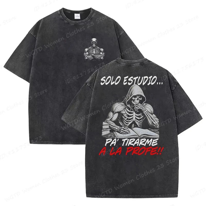 Calacas Chidas Gym Washed T-Shirts Men's Trendy Cool Skeleton & Gym Print Oversized Tshirt Summer Tees Streetwear Casual Tops