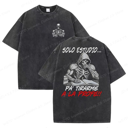 Calacas Chidas Gym Washed T-Shirts Men's Trendy Cool Skeleton & Gym Print Oversized Tshirt Summer Tees Streetwear Casual Tops