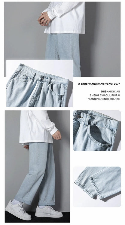 Korean Solid Colors Men's Casual Long Jeans Classic Man Four Seasons Straight Denim Wide-leg Pants Light Blue Grey Black 3XL
