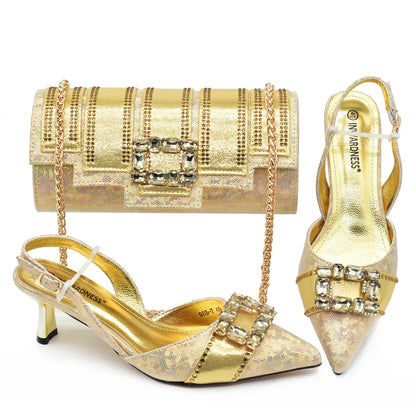 2026 Italian Design Party Wedding Pointed Toe Slingback Sandals with Bag Set in Gold Color High Heel for Weddings and Parties