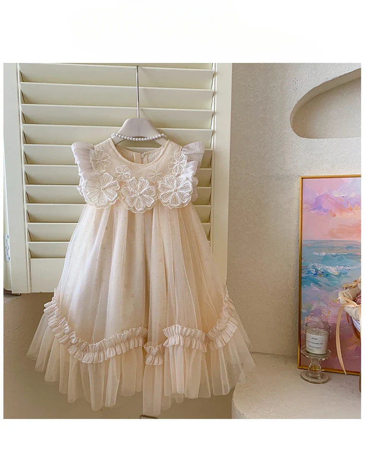 2025 Summer Dress for Girls with Flying Sleeves, Three-dimensional Flower Mesh Korean Version, Birthday Princess Fluffy Skirt