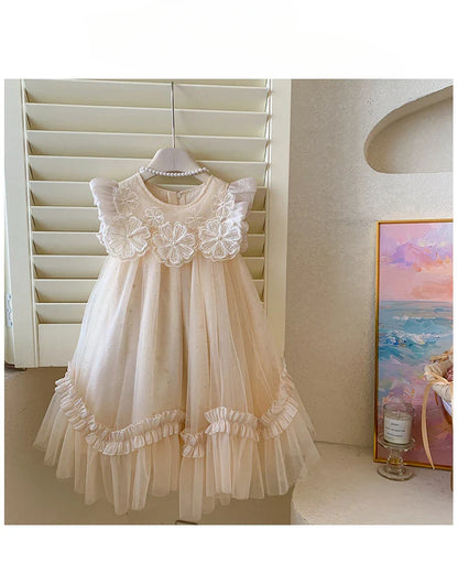 2025 Summer Dress for Girls with Flying Sleeves, Three-dimensional Flower Mesh Korean Version, Birthday Princess Fluffy Skirt