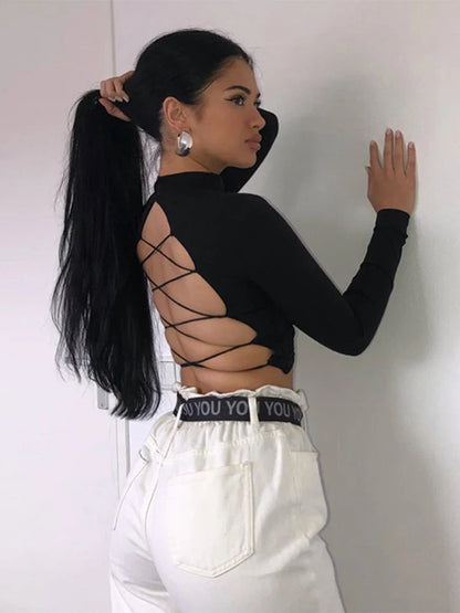 blusa feminina de algodão vazada sexy, tops de manga longa sem costas com atadura, Harajuku, justa, streetwear, camisetas de malha