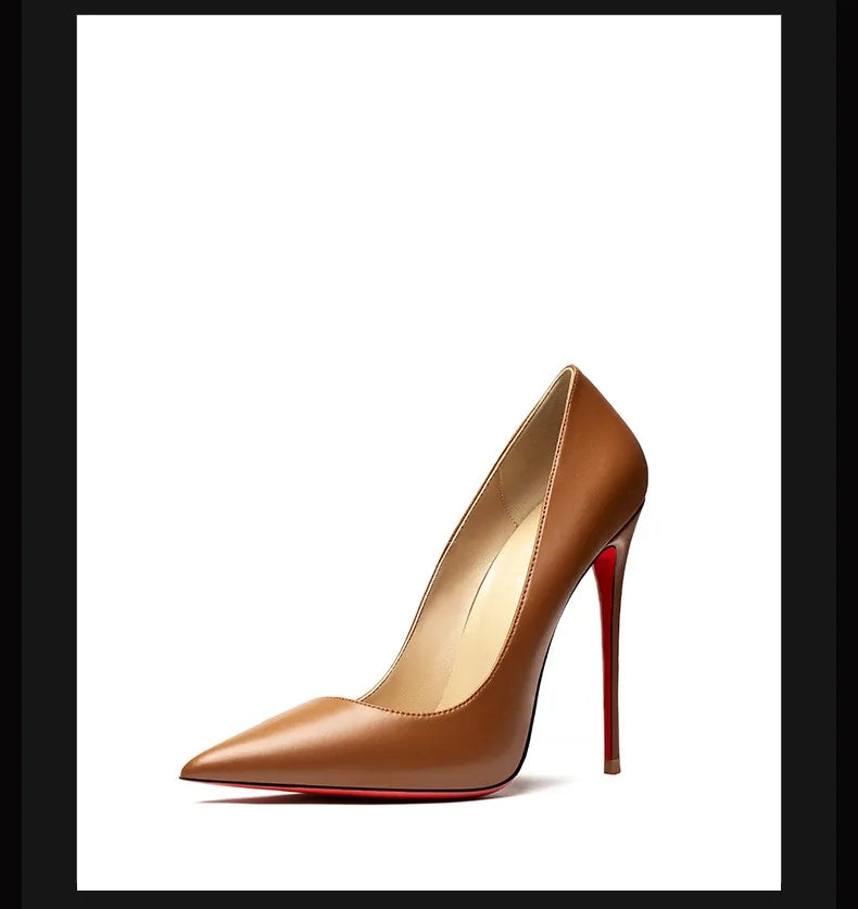 12CM Brown Patent Leather Pumps Women Red Bottom Heels Elegant High Heeled Stilettos Evening Shoe for Party