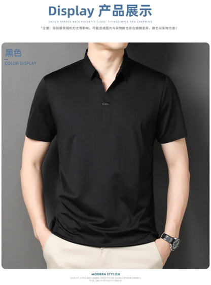2024 High-quality Elastic Stretch POLO, Business Casual Men's Short-sleeved Shirt, Seamless V-neck M-4XL Men's Polo Shirt