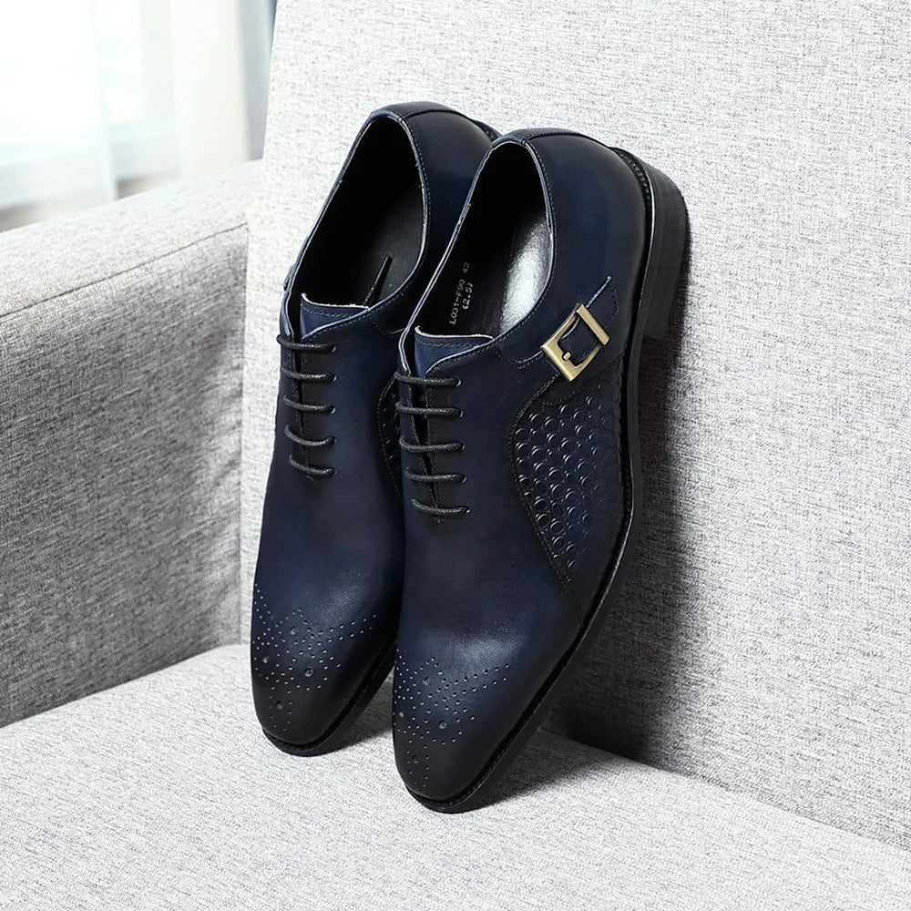 Classy Men's Genuine Leather Oxford Dress Shoes Blue Black Lace-up Brogue Pointed Business Wedding Party Formal Shoes for Men
