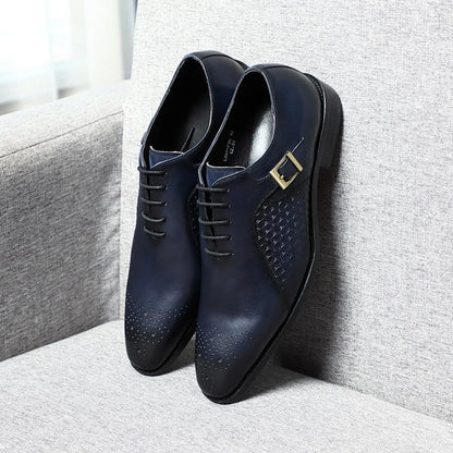 Classy Men's Genuine Leather Oxford Dress Shoes Blue Black Lace-up Brogue Pointed Business Wedding Party Formal Shoes for Men