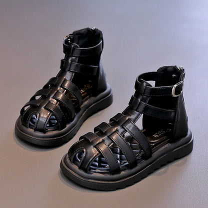 British Style Children's Sandals Girl 2024 Summer Kids Hollow-out Beach Shoes Fashion Causal Girls High-top Simple Roman Sandals