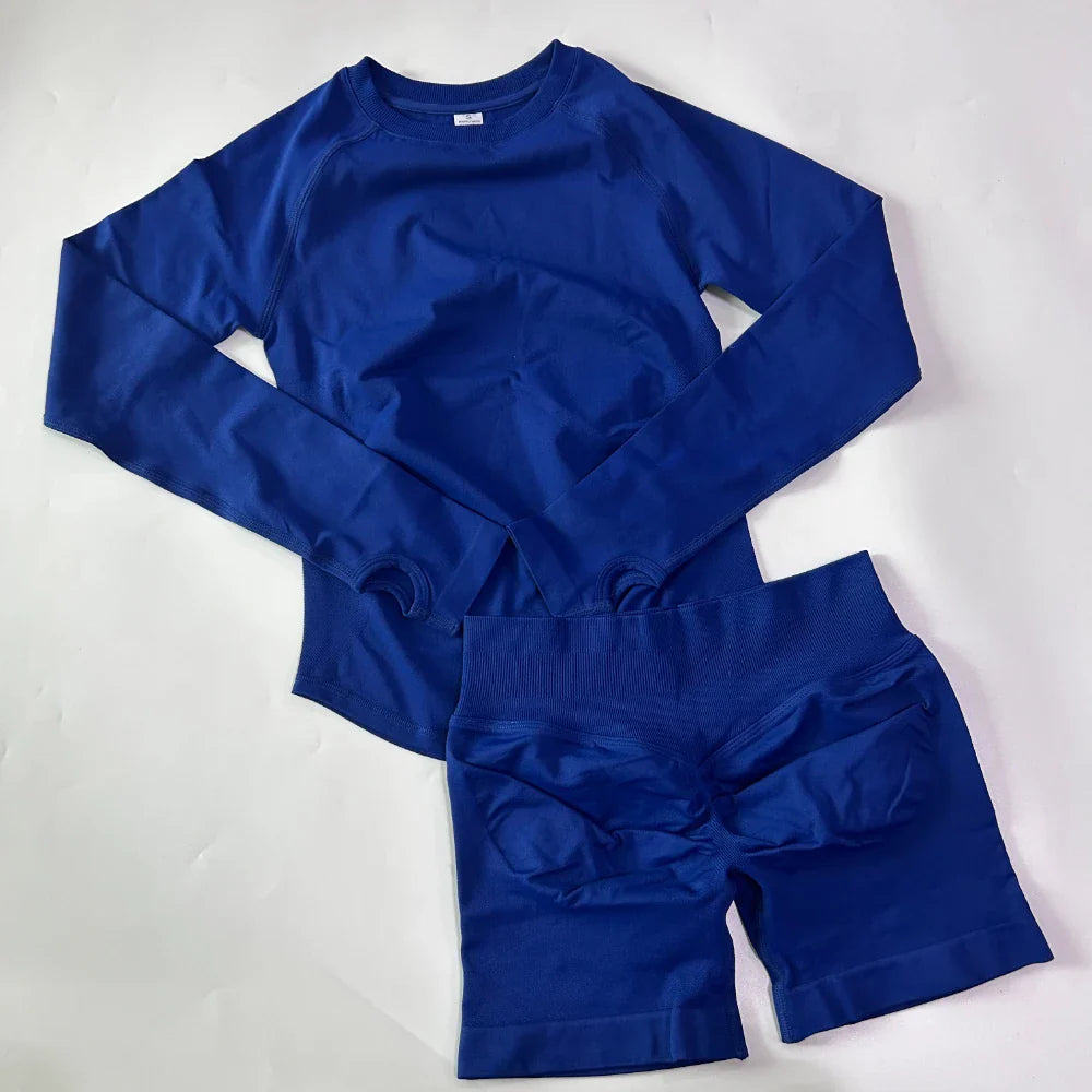 2 Pieces Set Women Longline Long Sleeve Gym Crop Top High Waist Workout Shorts Sports Suit Fitness Clothes Seamless Yoga Set