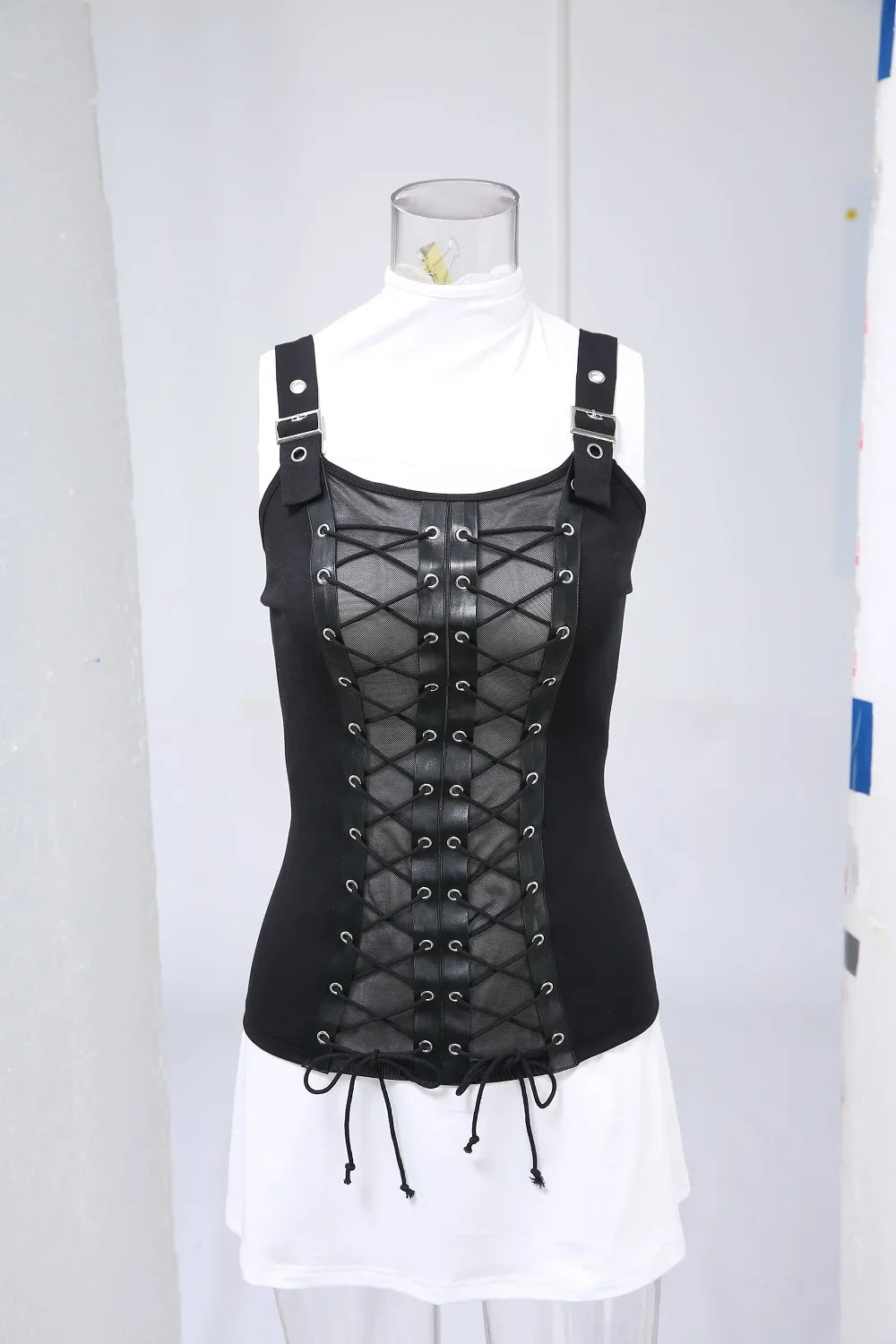 Plus Size Women's Tops Gothic Mesh Lace Up Buckle Grommet Tank 2026 new Spring,Summer Black Backless Standard Vest