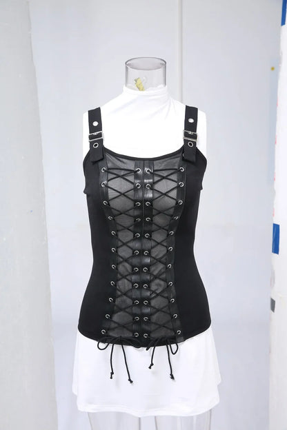 Plus Size Women's Tops Gothic Mesh Lace Up Buckle Grommet Tank 2026 new Spring,Summer Black Backless Standard Vest