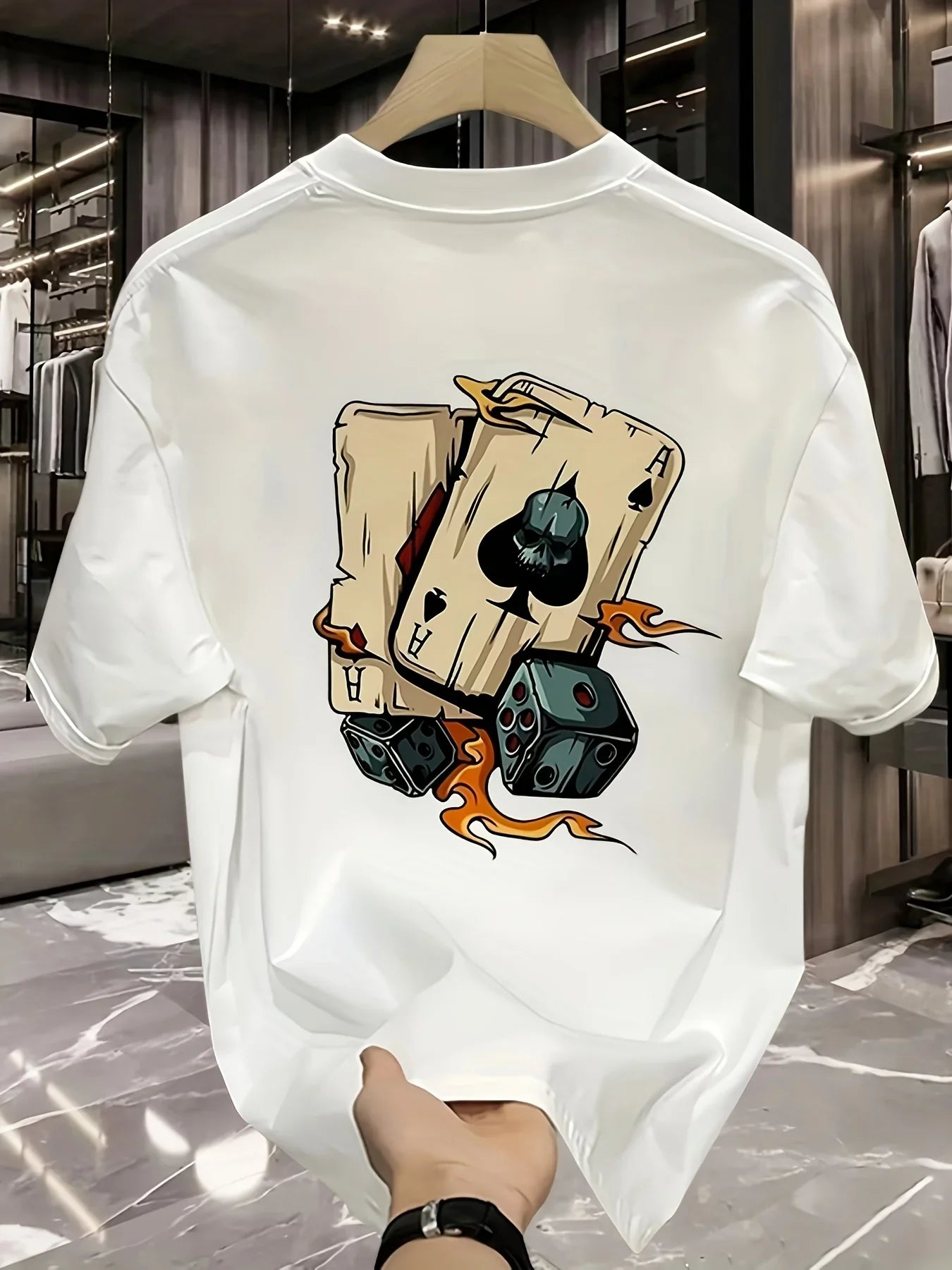 Men's summer 100% pure cotton fashionable casual loose creative poker and dice printed sports round neck short sleeved T-shirt