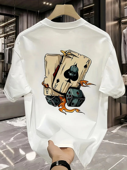 Men's summer 100% pure cotton fashionable casual loose creative poker and dice printed sports round neck short sleeved T-shirt