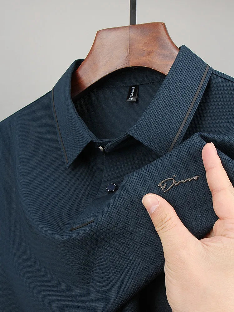 Luxury summer new ice silk breathable polo shirt men's short sleeve high-end exquisite letter embroidery casual lapel T-shirt