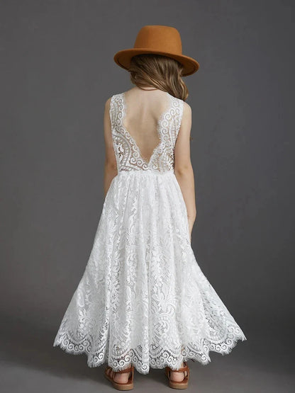 Princess Girls Lace Bohemia Long Dresses Baby Kids Flower Wedding Party Dress Cotton Lining Vestidos Costume Children Clothing