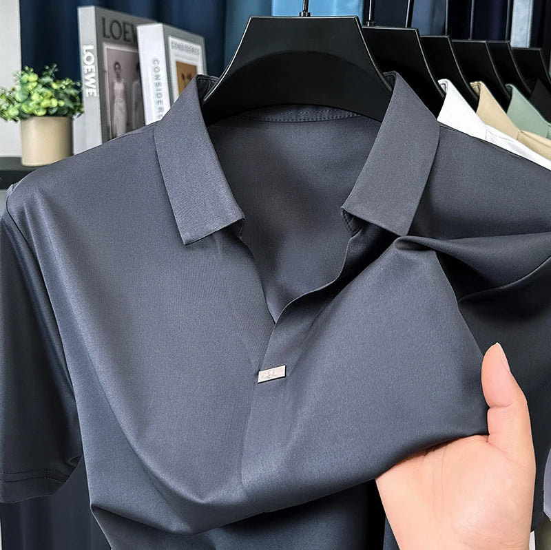 High quality ice silk short sleeve T-shirt men's lapel top trendy brand design cool silky breathable summer casual polo shirt