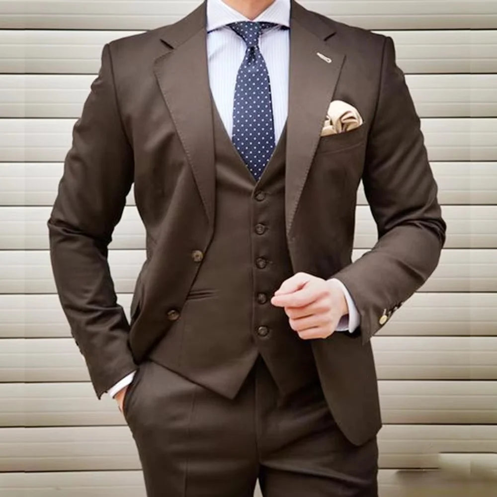 Coffee 3 Piece Weddi Suits for Men Slim Fit Groom Tuxedos Notch Lapel Business Formal Party Male Blazer Vest Pants Costume Homm