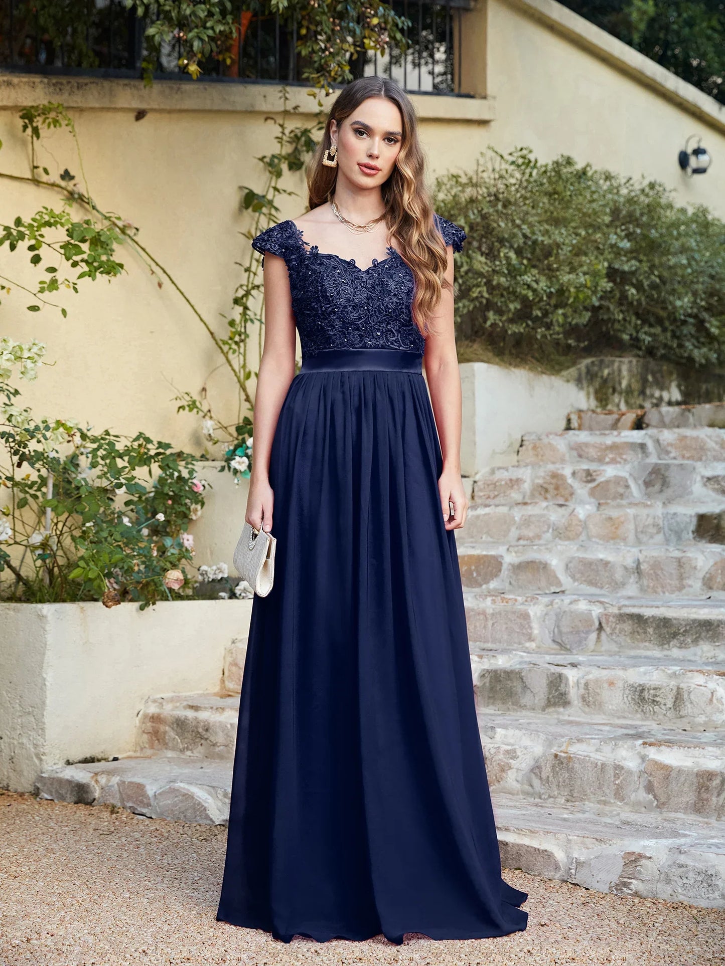 A-line V Neck Sleeveless Floral Lace Chiffon Back Hollow Long Paty Bridesmaid Dress Women 2024 For Wedding Sexy Evening Dress