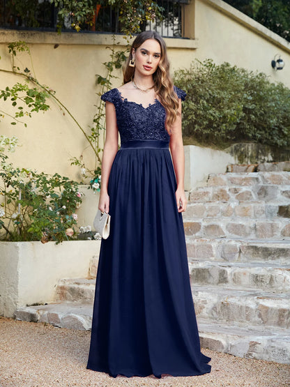 A-line V Neck Sleeveless Floral Lace Chiffon Back Hollow Long Paty Bridesmaid Dress Women 2024 For Wedding Sexy Evening Dress