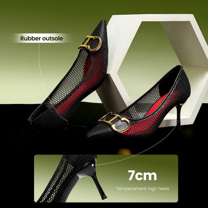 High Heels Red 2025 Spring New Hollow Business Women's Shoes 7cm Red Evening Shoes net