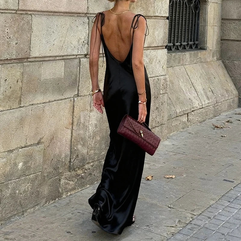 Original Women's Satin Champagne Dress Sleeveless Sexy Backless Evening Dresses Guest Elegant Bridesmaid Long Evening Gown