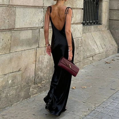 Original Women's Satin Champagne Dress Sleeveless Sexy Backless Evening Dresses Guest Elegant Bridesmaid Long Evening Gown