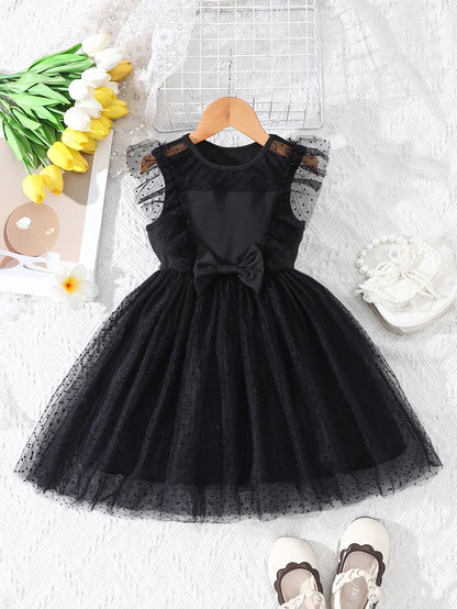 Girls Summer Casual Fashion Flying Sleeve Bow Dot Flocking Mesh Dress Beach Wedding Holiday Party Princess Dress Gift