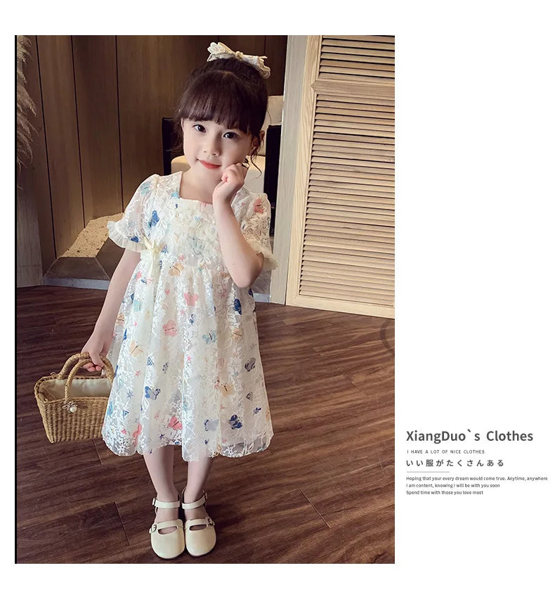 Vintage lace short sleeved dress For 2-9 yrs Baby Girls Loose Dress 6.1 Children's Day Clothing Cute beach Loose Clothes 2026