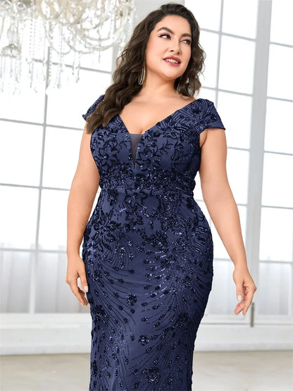 Vestidos de Noite Elegantes Rosa Plus Size com Decote em V e Lantejoulas até o Chão, com Manga Curta, para Madrinhas, Festas e Coquetéis