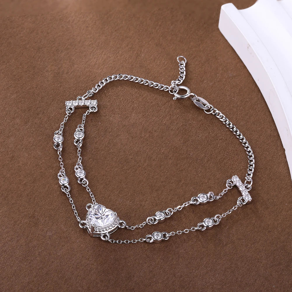 Certified 1.2carat Heart Moissanite Diamond Charm Bracelet with Round Bubble S925 Silver Wrist Chain for Women Fine Jewelry Gift