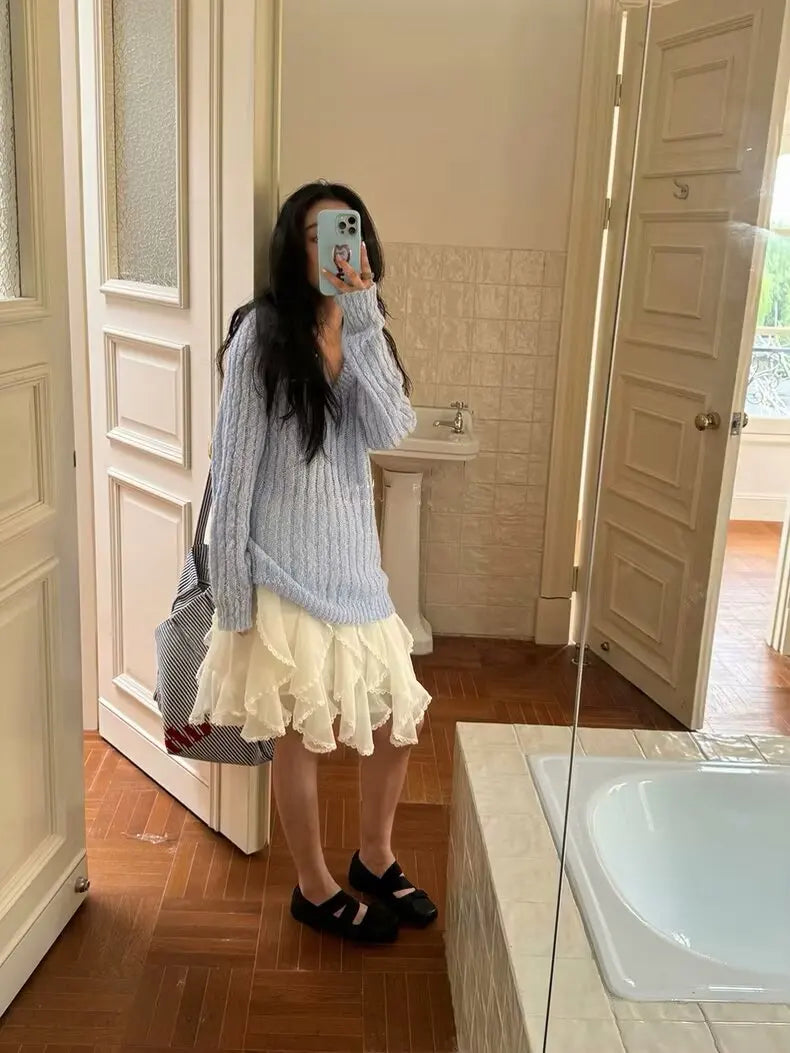 Kawaii Black Mini Skirts Women Summer 2025 Japanese Y2k Fashion Ruched Skirts Vintage Clothes Kawaii Ruffle Skirts Lace Trim