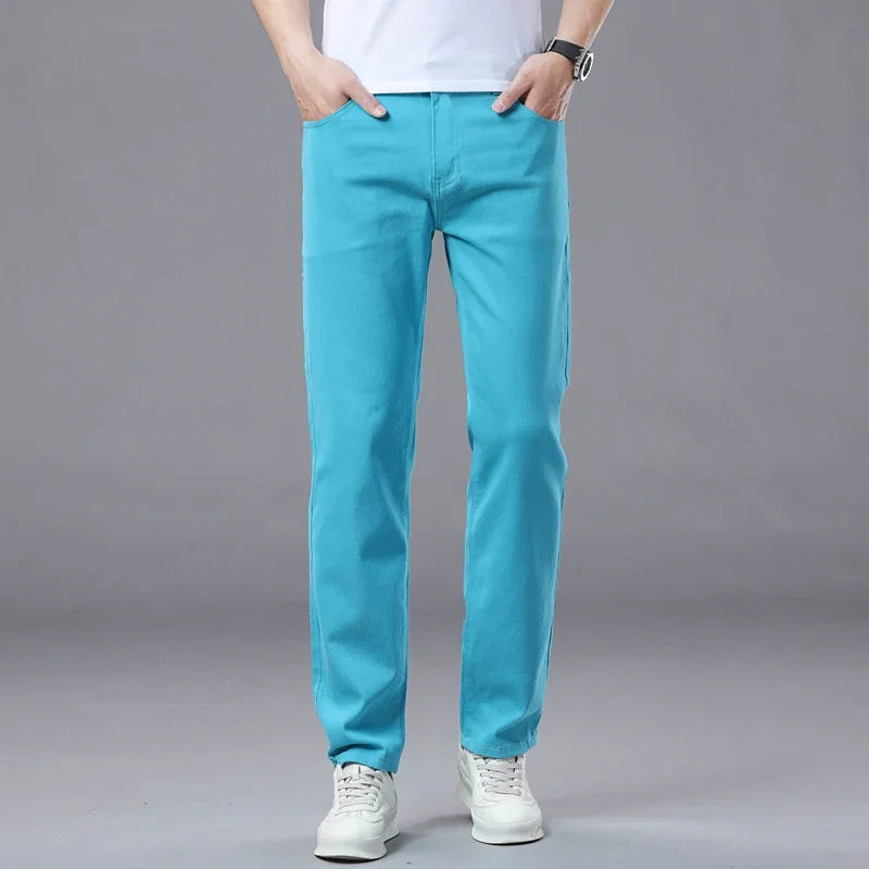 2025 Autumn Men's Elastic Colorful Jeans Breathable Casual  Straight Fitted Solid Color Denim Pants Korean Fashion Trousers