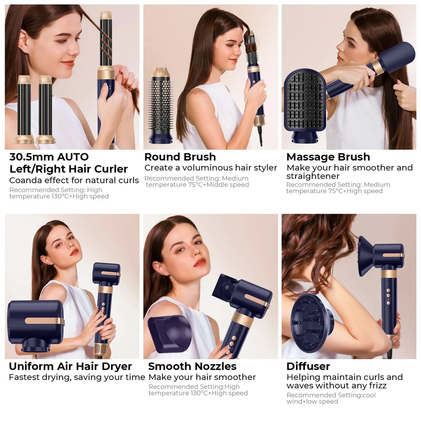 7 In 1 Hair Dryer Brush Brushless High Speed Hair Dryer with Diffuser Ionic Blow Dryer Hot Air Styling Comb Auto Hair Curler