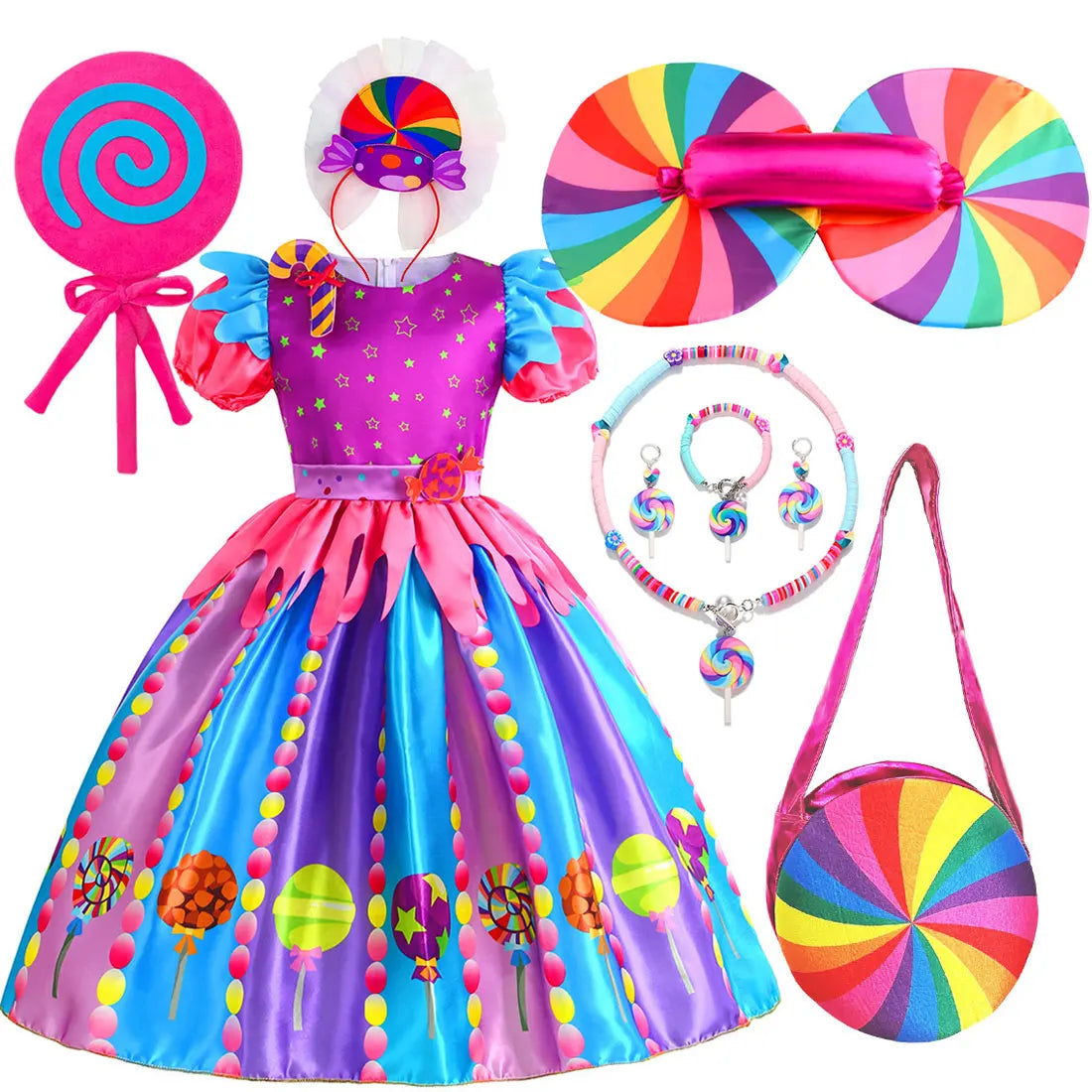 2026 New Candy Dress For Baby Girl Purim Carnival Birthday Costume Fancy Rainbow Short Sleeve Cute Dress + Accessories Set