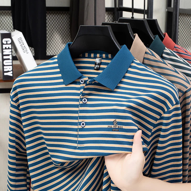 2025 New Lapel Striped T-shirt Men's Long Sleeved Spring and Autumn New Top Casual Polo Shirt Men