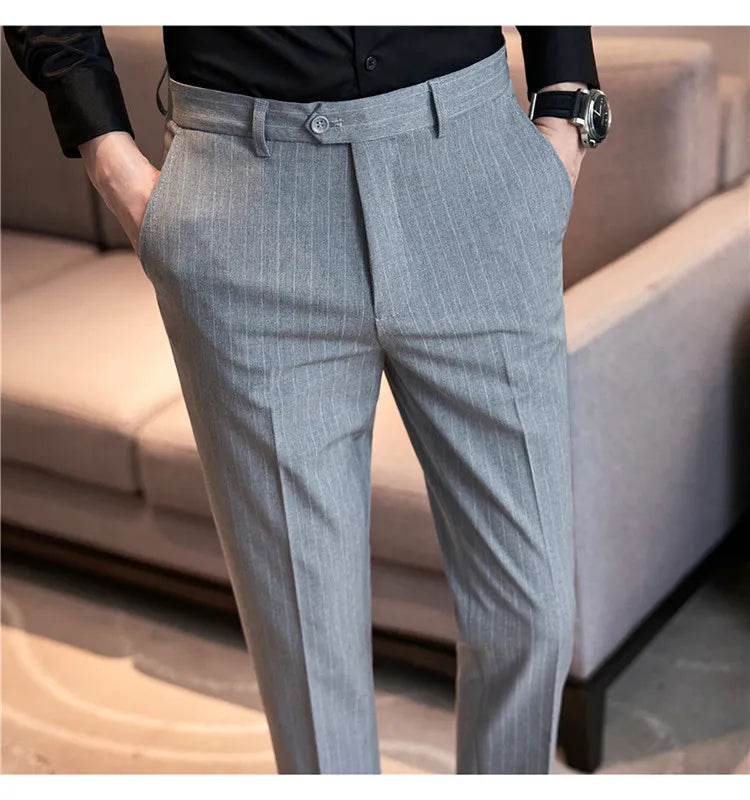 Men's Slim Fit Pinstripe Dress Pants, Stretch Comfort and Thickened Fabric for Business Casual Office Wear