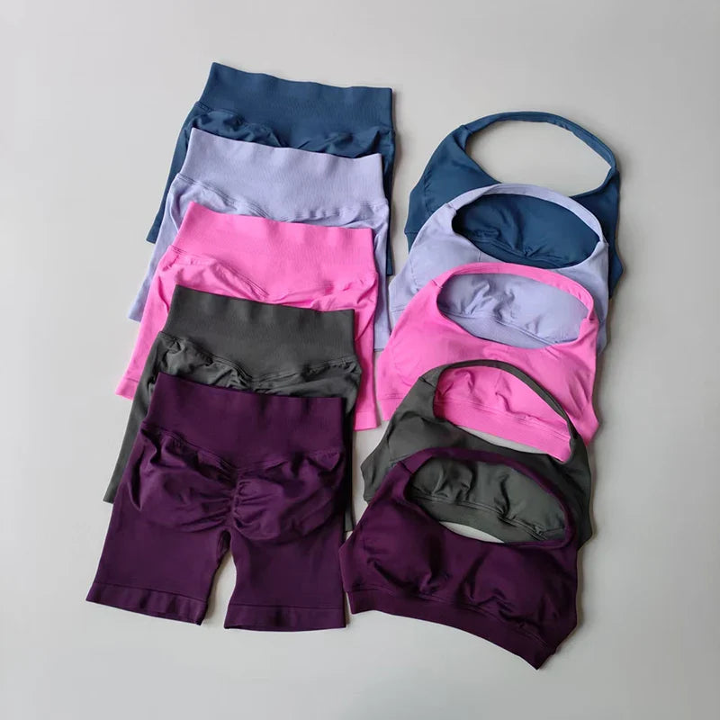 Sexy Halter Neck Beautiful Back High Waist Peach Sports Bras Shorts Suit Pilates Gathering Yoga Vest Training Fitness Bra Sets