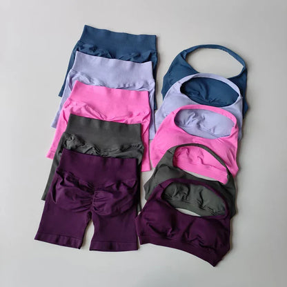 Sexy Halter Neck Beautiful Back High Waist Peach Sports Bras Shorts Suit Pilates Gathering Yoga Vest Training Fitness Bra Sets