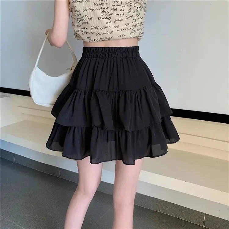 Girls White Puffy A-Line Mini Skirt Spring Summer Fresh Sweet Style Polyester Fabric Short Half-Length Baked Cake Skirt