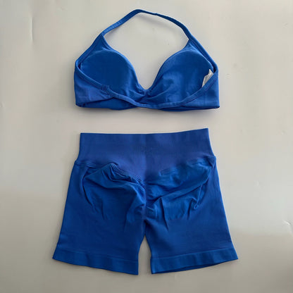Yoga Gym Set Women Seamless Strappy Yoga Bra Top High Waist Workout Scrunch Shorts Sports Set Fitness Clothes Sportswear